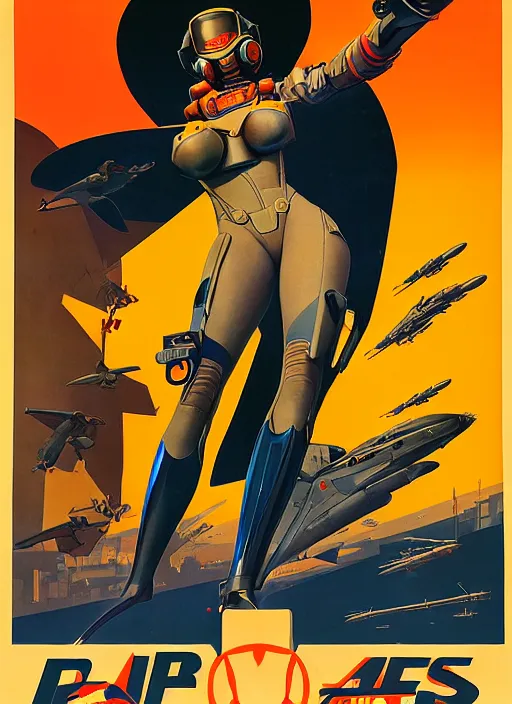 Image similar to american propaganda poster art. powerful cyberpunk pilot. portrait by jean giraud and anton otto fischer and john philip falter and will eisner and gil elvgren and pixar. full body. realistic proportions. science fiction d & d. overwatch, rb 6 s, cyberpunk 2 0 7 7, blade runner 2 0 4 9 concept art. cel shading. thick lines.