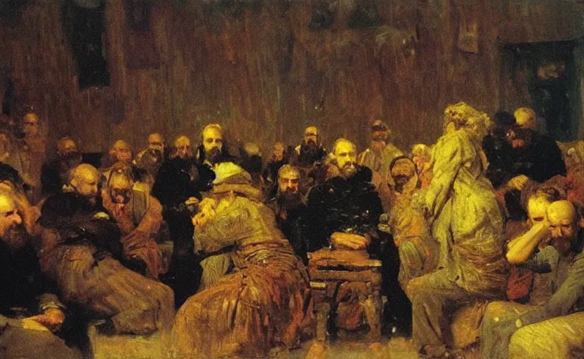 Prompt: high quality high detail painting by ilya repin, gangasters meeting in a dark room, hd