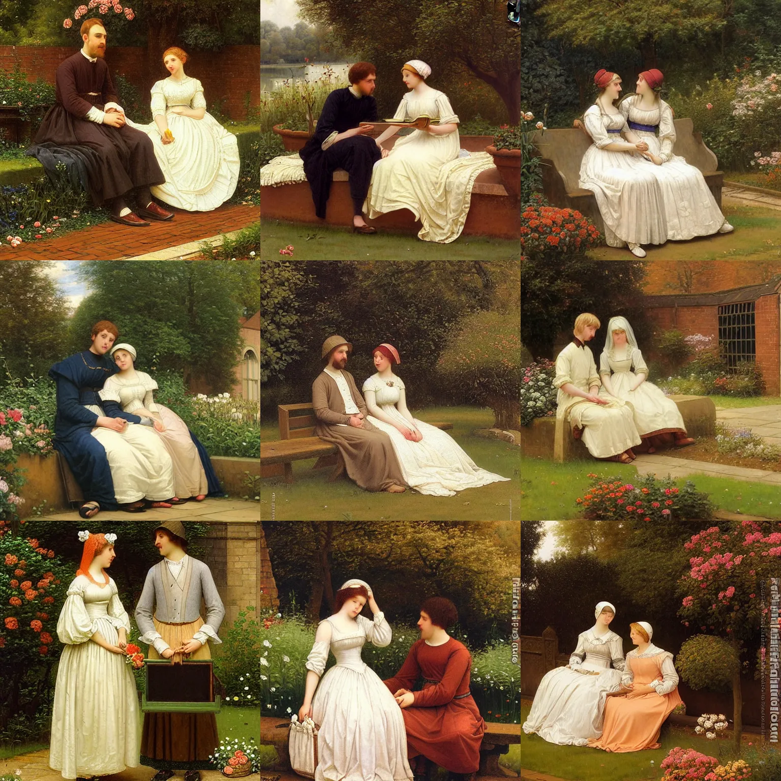 Prompt: An Edmund Blair Leighton painting married couple sitting in a garden