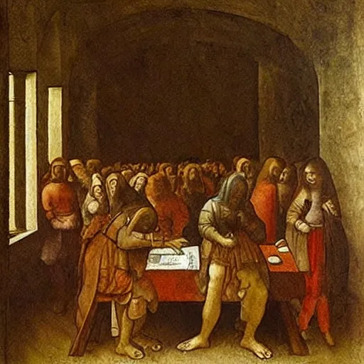 Image similar to detailed painting of students suffering in university by leonardo da vinci