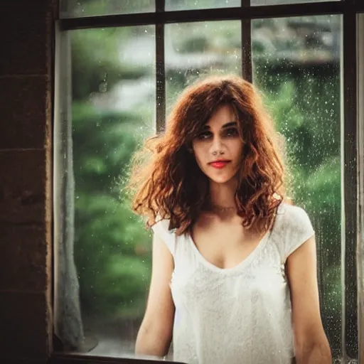 Image similar to a beautiful woman photographed through a rainy window, bokeh,