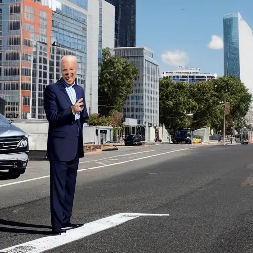 Image similar to dashcam footage of joe biden doing standing in the middle of the street