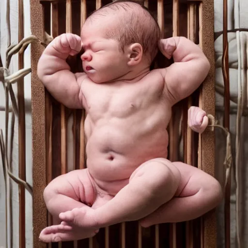 Image similar to a beefed up extremely muscular newborn baby in a crib, rippling muscles, huge veins, bulging muscles, ripped, flexing, intense expression, award winning photography, high detail