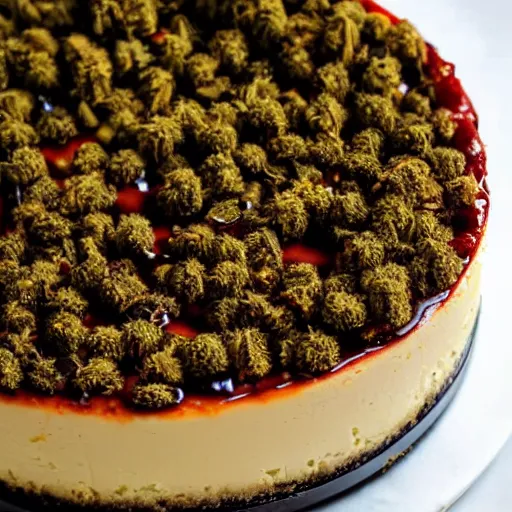 Prompt: close view of a delicious sweet and perfect marijuana bud cheesecake piece, award winning, 4 k, beautiful