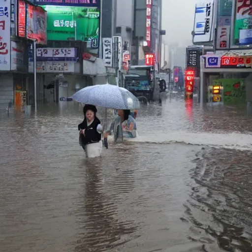 Prompt: Heavy rain causes flooding in Seoul. South Korea.