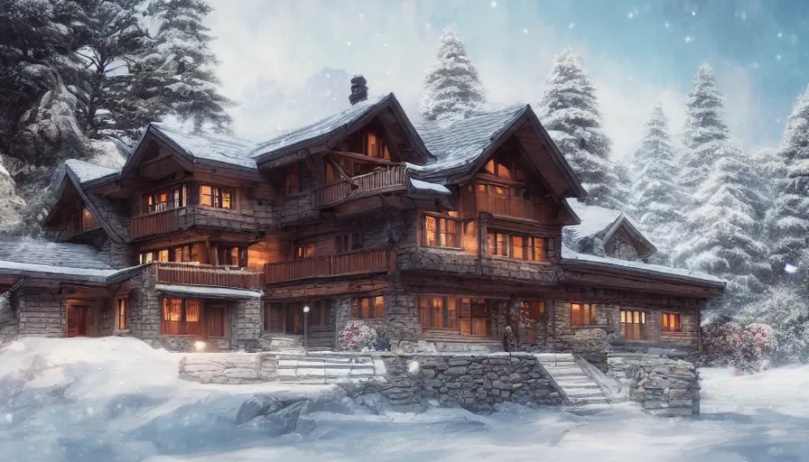 Prompt: A highly detailed matte painting of Modern chalet built in the snowy mountains, by Studio Ghibli, Makoto Shinkai, by Artgerm, by WLOP, by Greg Rutkowski, volumetric lighting, octane render, 4K resolution