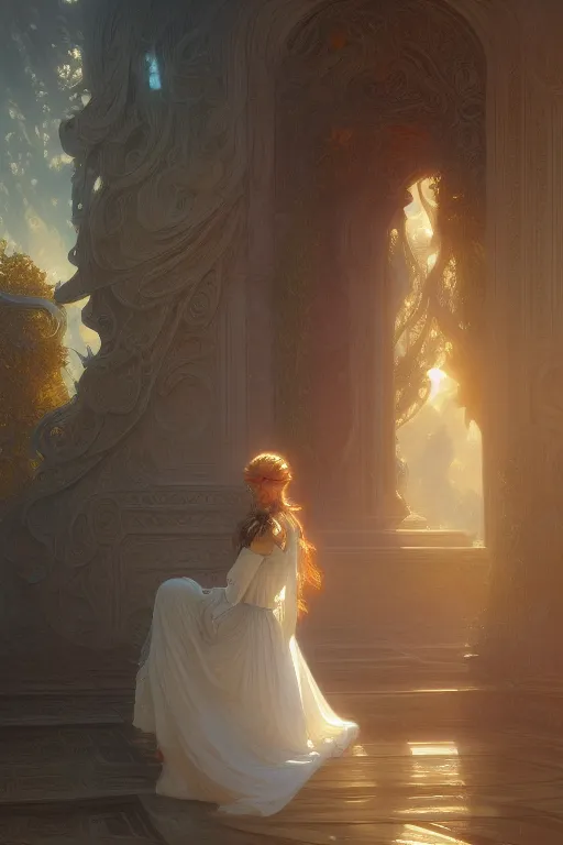 Prompt: painting of a shy noon in front of a dimensional portal, decorated, intricate, elegant, highly detailed, digital painting, artstation, concept art, smooth, sharp focus, illustration, art by artgerm and greg rutkowski and alphonse mucha, 8 k