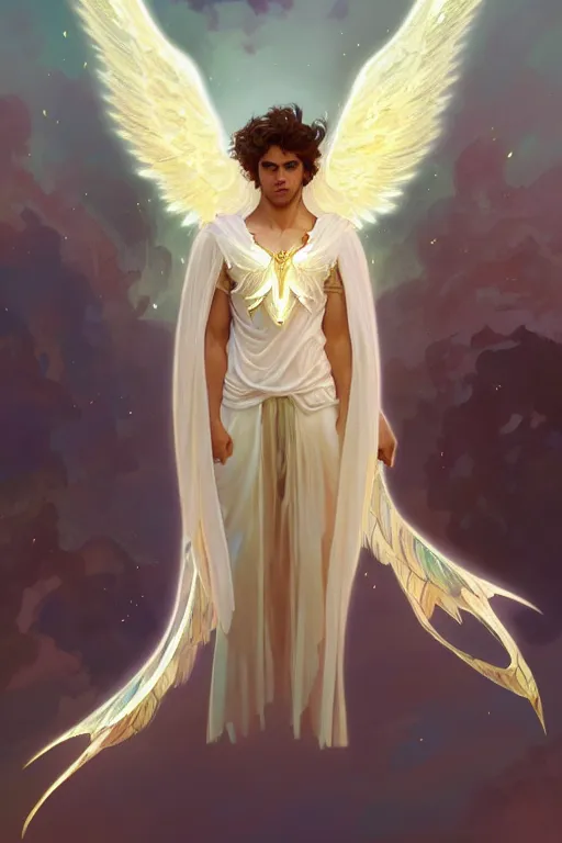 Image similar to full figure beautiful young fit male angel with curly blond hairs, dressed with fluent clothes, majestic wings, luminous halo, by greg rutkowski and alphonse mucha, d & d character, gradient white to gold, in front of an iridescent background, highly detailed portrait, digital painting, artstation, concept art, smooth, sharp focus illustration, artstation hq