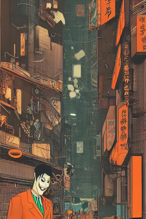 Prompt: tatsuki fujimoto illustration of an orange-headed businessman, creepy face, cyberpunk city