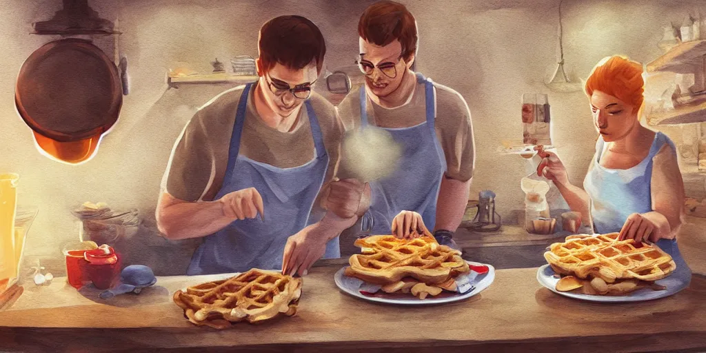 Image similar to A couple baking waffles, digital art, epic lighting
