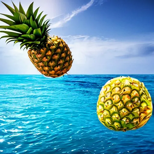 Prompt: a pineapple floating in the middle of the ocean, realistic, beautiful lighting