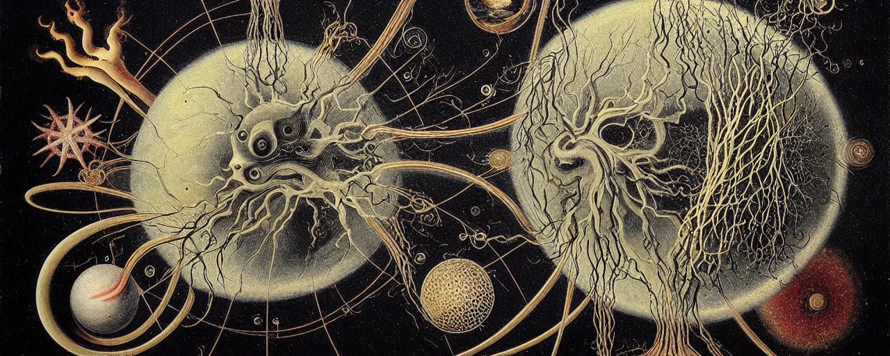 Image similar to a strange earth creature with endearing eyes radiates a unique canto'as above so below'while being ignited by the spirit of haeckel and robert fludd, breakthrough is iminent, glory be to the magic within, in honor of saturn, painted by ronny khalil