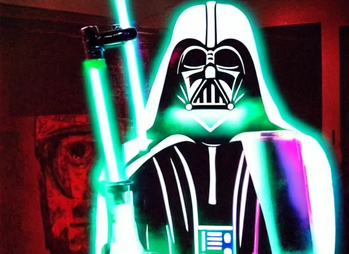 Prompt: darth vader smoking a bong with a black light poster in the background