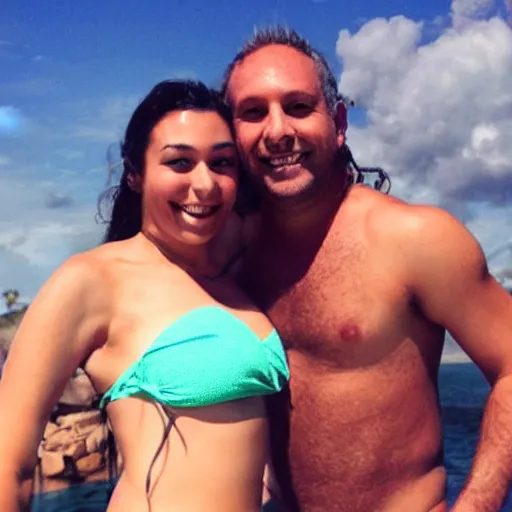Image similar to photo of a 4 0 year old man that looks young for his age dating a very attractive 2 2 year old woman wearing a bikini. they in a college dorm.