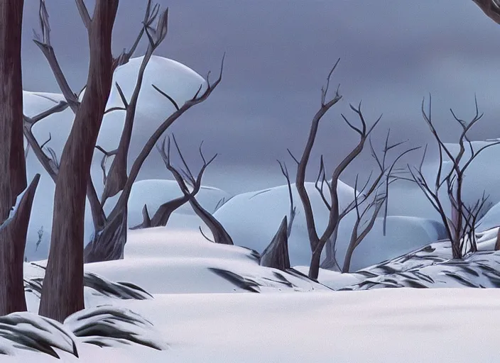 Image similar to minimalist charred moody rhythmic dramatic wooded snowdrift landscape from mulan ( 1 9 9 8 )