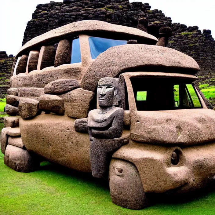 Image similar to ancient vw bus made of stone, moai from rapa nui style