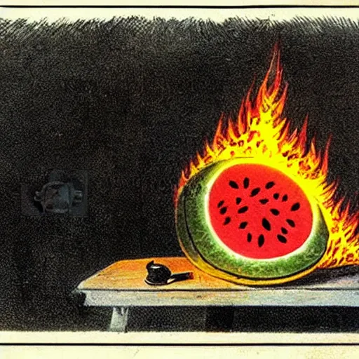 Image similar to a watermelon on fire in a bar, early 1 9 0 0 s newspaper