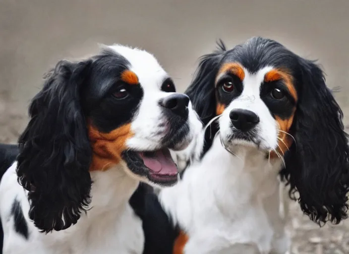 Image similar to photo realistic picture 5 0 mm of a black king charles cavalier sitting next to a brown dash hound, they are both looking at each other lovingly