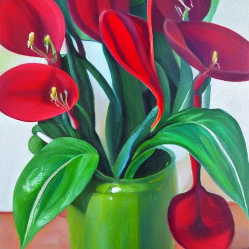 Prompt: anthuriums, oil painting, wide strokes