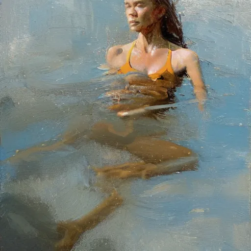 Image similar to Young Sissy Spacek swimming by Jeremy Mann, stylized, detailed, realistic, one inch thick, heavy impasto,loose brush strokes, simple, wholesome, earthy tones, touch of gold leaf