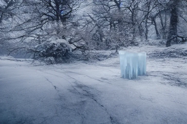 Image similar to a very windy and cold place, everything is made out of ice, snowing, cinematic lighting