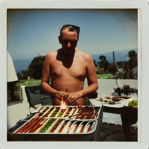 Image similar to polaroid picture of francisco franco grilling skewers in torremolinos with a green thong from bora