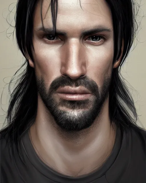 Image similar to portrait of tall, tired 3 3 - year - old handsome man with long black hair, grey eyes, wearing black clothes, hyper realistic face, beautiful eyes, character art, art by mark brooks, hyperdetailed, cryengine, trending on artstation, digital art