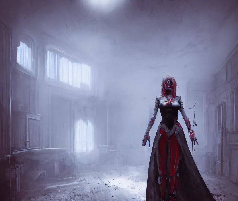 Image similar to imperial princess knight gothic girl standing on an abandoned hospital room with red ceiling lighting and several blue lights on the walls, gloomy and foggy atmosphere, octane render, artstation trending, horror scene, highly detailded