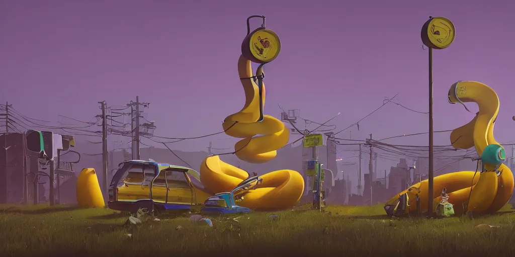 Prompt: the existence of bananas by Simon Stalenhag, trending on artstation, 8k, octane rendered, highly detailed