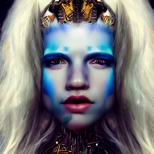 Image similar to The dragon girl portrait, portrait of young girl half dragon half human, dragon girl, dragon skin, dragon eyes, dragon crown, blue hair, long hair, highly detailed, cinematic lighting, by David Lynch