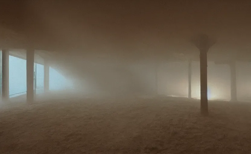 Image similar to screenshot photo low angle interior of a house built on nothing and something for the nothing underneath, scene from being john malcovich film directed by charlie kaufman ( 2 0 0 1 ), foggy volumetric light morning, moody cinematography, 2 4 mm anamorphic lens, 3 5 mm film