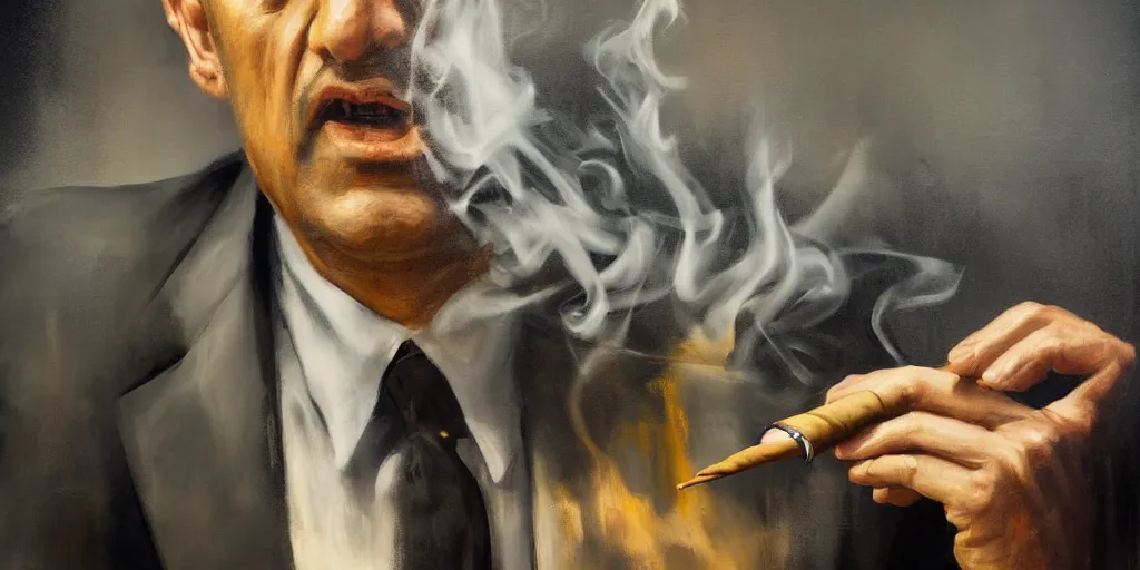 Image similar to abstract oil matte portrait painting, mafia boss smoking a cigar at his 5 0 s new york office desk, wonderful masterpiece highly detailed, beautiful cinematic light deep focus, elegant, digital painting, smooth, sharp focus, golden ratio, dramatic illumination, ultra realistic, 8 k, art by jimmy law