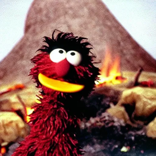 Image similar to “film still of Bert from Sesame Street throwing the one ring into the fires of Mount Doom”