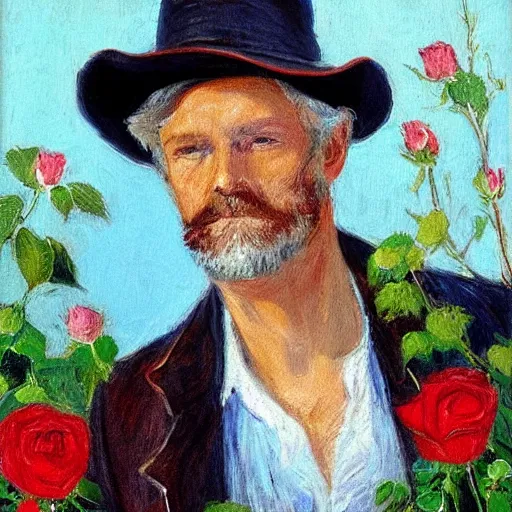 Image similar to an impressionist painting of a tall older man standing in a field of roses with blue eyes that is wearing a wide brim hat and a leather vest with a blue shirt. He is holding a revolver in his left hand and a rose is in his right hand.