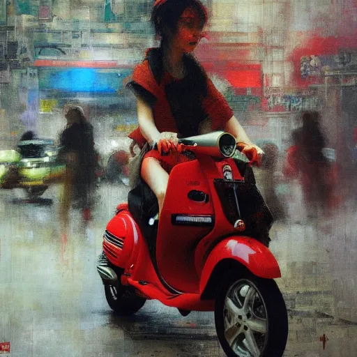 Image similar to the redhead vespa queen in hong kong, oil on canvas by ruan jia