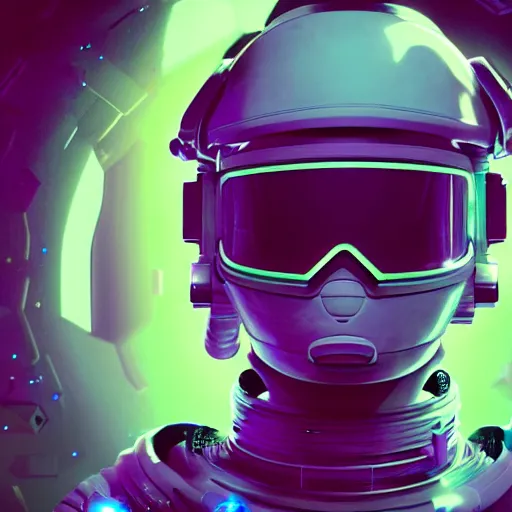 Image similar to cyberpunk astronaut bot, cinema 4 d, galaxy space sci - fi, wearing vr goggles, illustration, portrait, pastel neon textured background night, trending on artstation, greg rutkowski, octane rendered, 1 2 k, detailed,