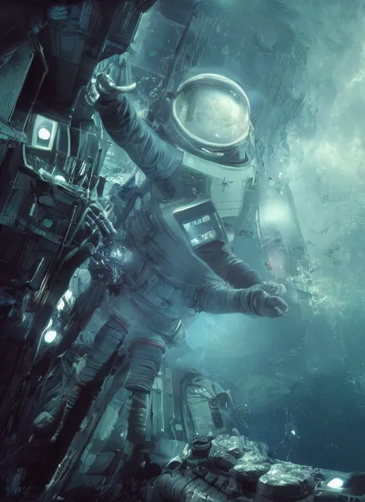 Image similar to complex poster by craig mullins astronaut in futuristic dark and empty spaceship underwater. infrared complex and hyperdetailed technical suit. mandelbulb fractal. reflection and dispersion materials. rays and dispersion of light. volumetric light. 5 0 mm, f / 3 2. noise film photo. flash photography. unreal engine 4, octane render