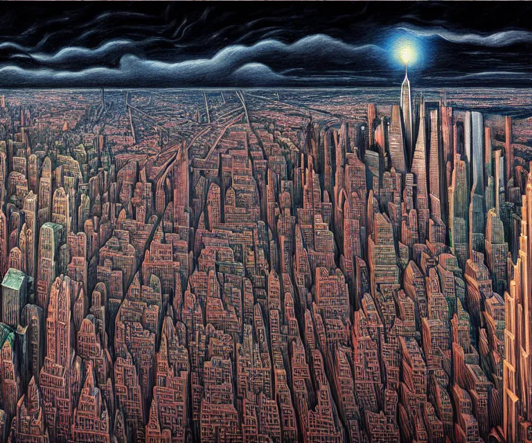 Prompt: hyper detailed 3d render like a Oil painting - a supermassive black hole in the sky over new york city, by Jacek Yerka, Mariusz Lewandowski, Houdini algorithmic generative render, Abstract brush strokes, Masterpiece, Edward Hopper and James Gilleard, Zdzislaw Beksinski, Mark Ryden, Wolfgang Lettl, hints of Yayoi Kasuma, octane render, 8k