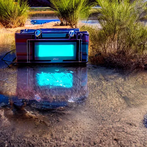 Image similar to 4 k hdr wide angle sony a 7 photo of a shopping cart with a boombox speaker inside half submerged in water in a desert oasis at sunset with neon lighting