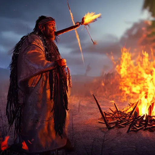 Image similar to shaman behind bonfire twilight hyper realistic cinematic art 4 k great view high quality