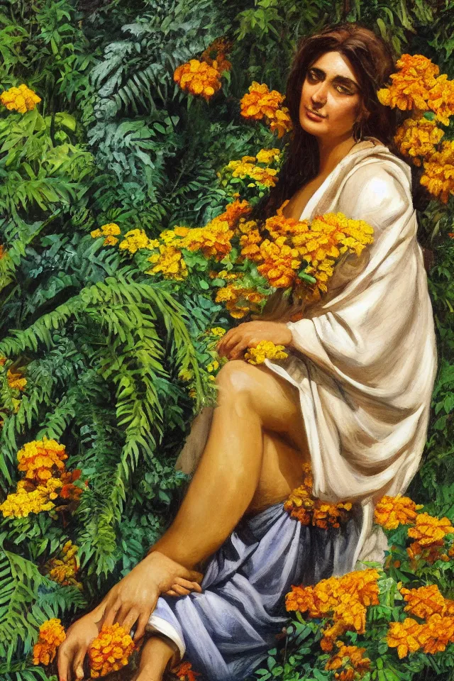 Image similar to chiaroscuro painting of a beautiful greek woman in robes, in a garden full of ferns, marigold flowers, dappled light, by bernie fusch