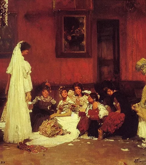 Image similar to high quality high detail painting by ilya repin, many brides in a blood flooded house, hd