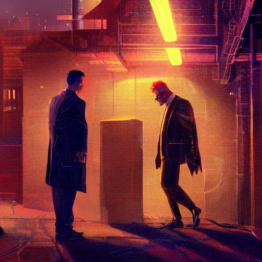 Image similar to two cyberpunk businessmen, detailed digital illustration by greg rutkowski, cyberpunk back alley, nighttime, colorful lighting