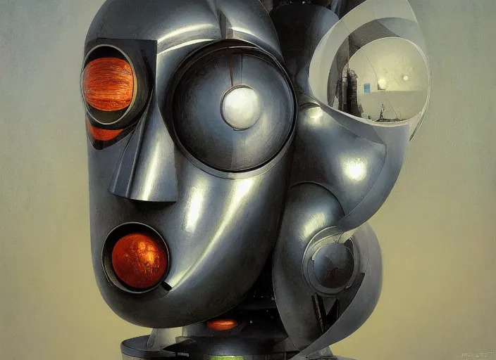 Image similar to a portrait headshot of sci fi metallic human, bright eyes, melancholic complex geometric figure liminal machinery by oskar schlemmer, moebius, john berkey, oil on canvas, portrait facial head, featured on artstation, hd wallpaper