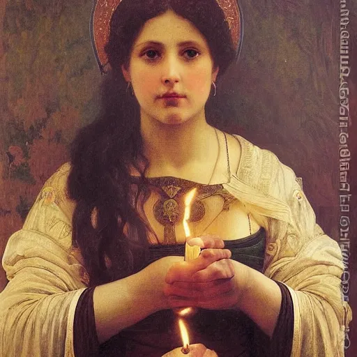 Prompt: a renaissance oil painting portrait by alma tadema of a holy divine prophet beautiful saint banda bear, dark lit candles, colourful pastel, detailed academic bouguereau, sharp focus, high contrast studio lighting