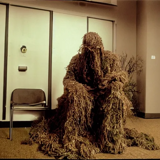 Image similar to a man wearing a ghillie suit, sitting in a waiting room, film still, arriflex 3 5