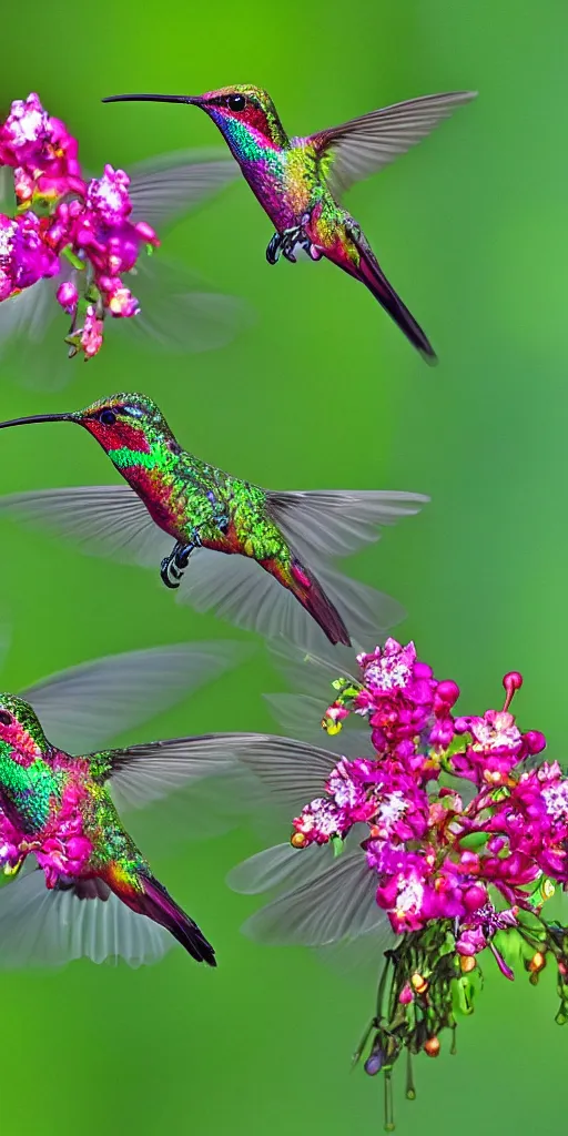 Prompt: luminescent hummingbirds, made of pure energy and intricate details, glowing, feeding on the nectar of the gods, macro lens, blur background