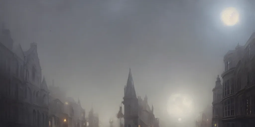 Image similar to A hyper realistic oil painting of a moon hanging over a victorian age city, view from the streets, fog, creepy atmosphere, moody cinematic lighting, focus on the moon, hyper detailed, by greg rutkowski, trending on artstation