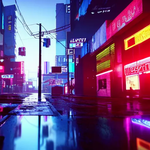 Image similar to still photo of rain puddles and neon light reflections in a cyberpunk city, highly detailed, photorealistic shot, bright studio setting, studio lighting, crisp quality and light reflections, unreal engine 5 quality render