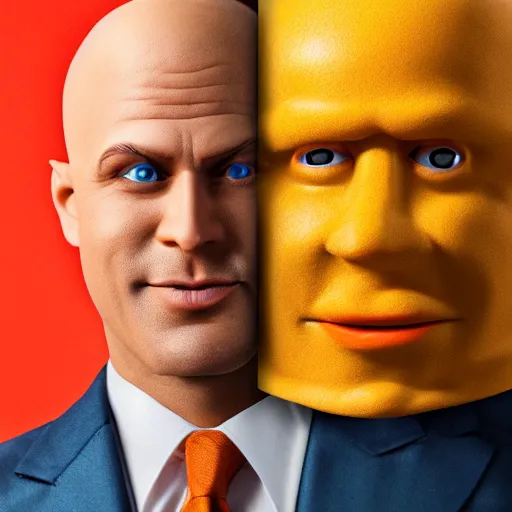 Image similar to mister clean in a suite with an orange face and a yellow toupe